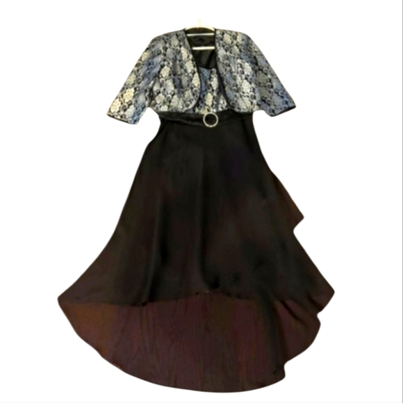 Le Bos Black/Silver Belted High-Low Fit Flare Dress With Short Jacket Sz 10 - Picture 1 of 13